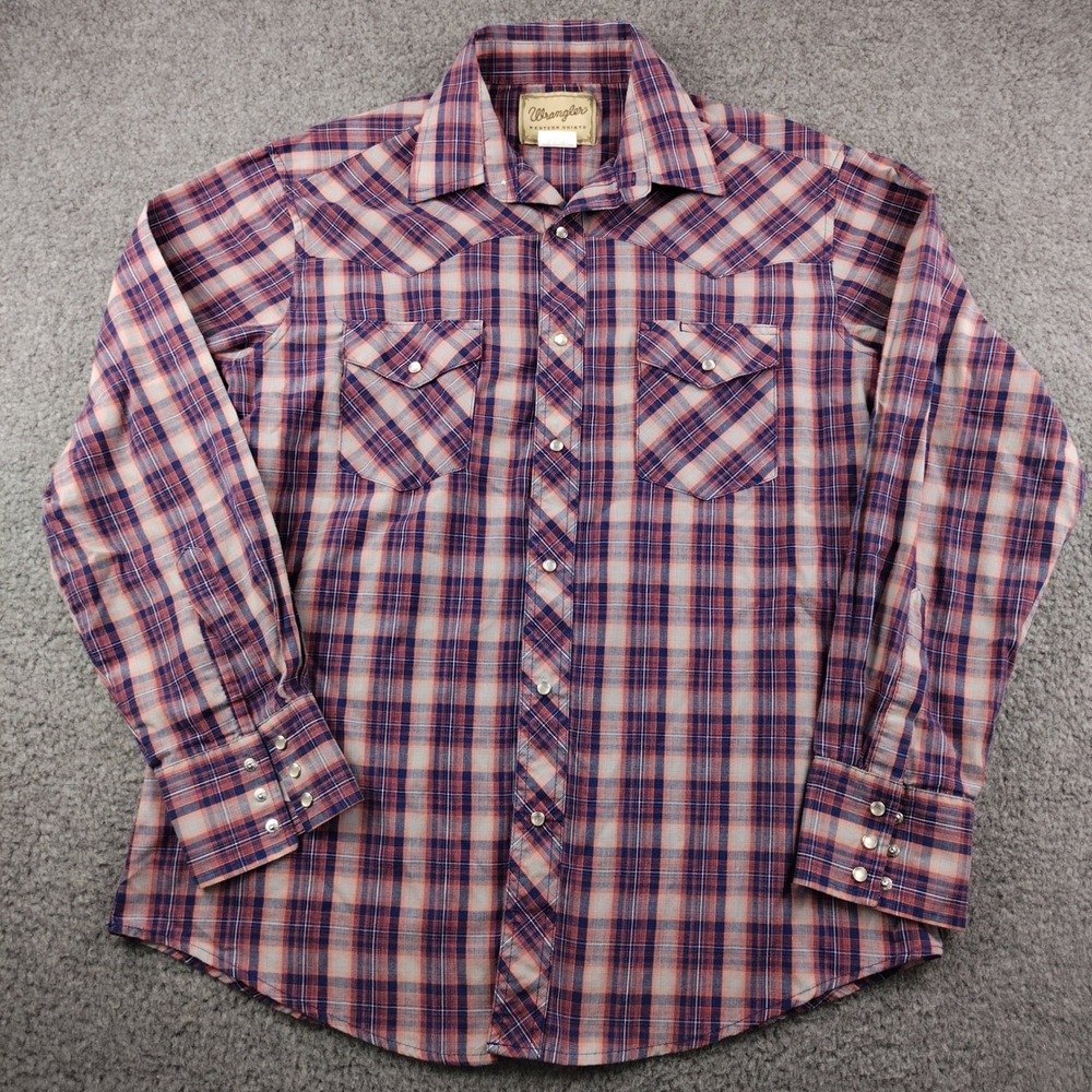 Wrangler Shirt Mens Large Western Plaid Blue Orange Pearl Snap Rodeo EUC
